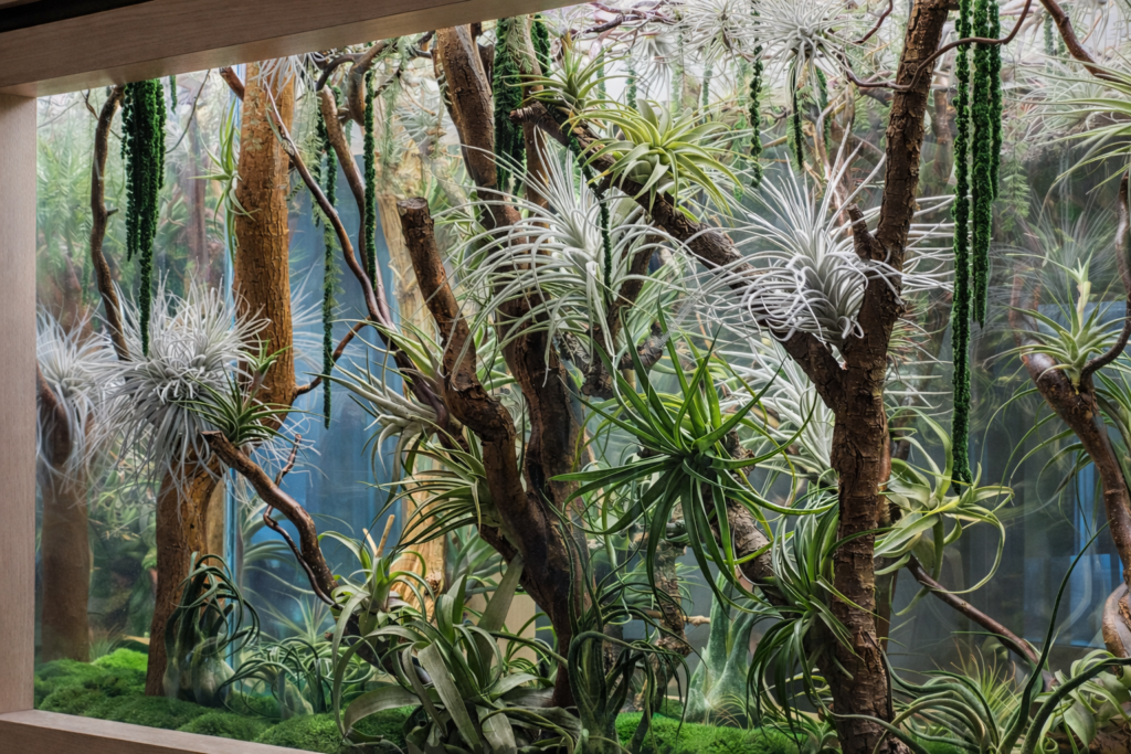 close up of preserved plants inside glass panel system
